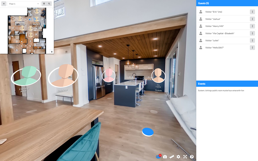 Actual 3D Tour with a floor plan showing people meeting via Zoom-like tecknology through UiMeet. We offer this in the Denver Real Estate Market for virtual real estate showings and tours